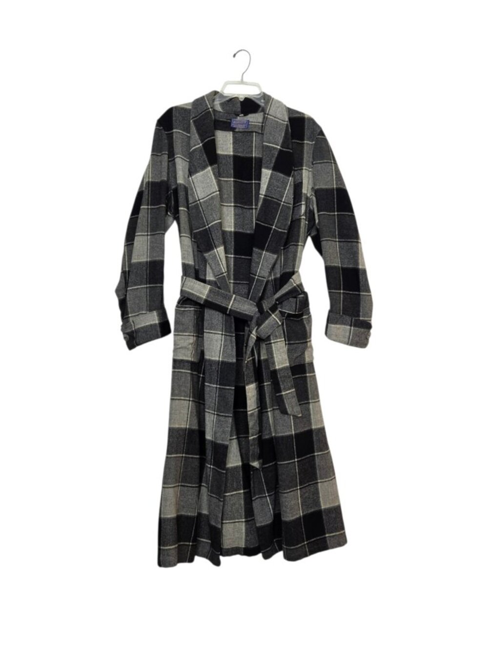 Vintage Pendleton Virgin Wool Shawl Collar Plaid Robe Men's Medium Black Gray